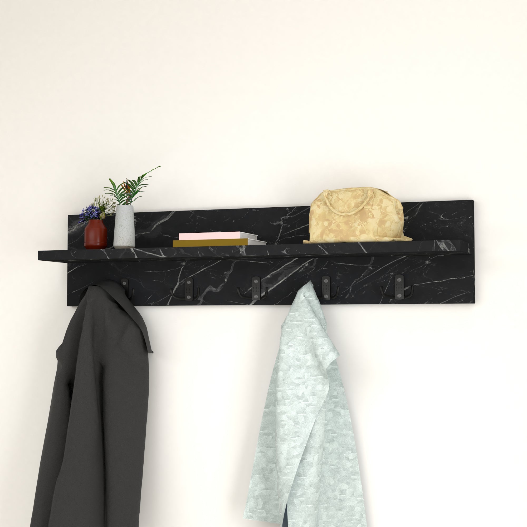 Appendiabiti da Parete Hammarö con Piano di Appoggio 80x13x18 cm Effetto Marmo Nero [en.casa]