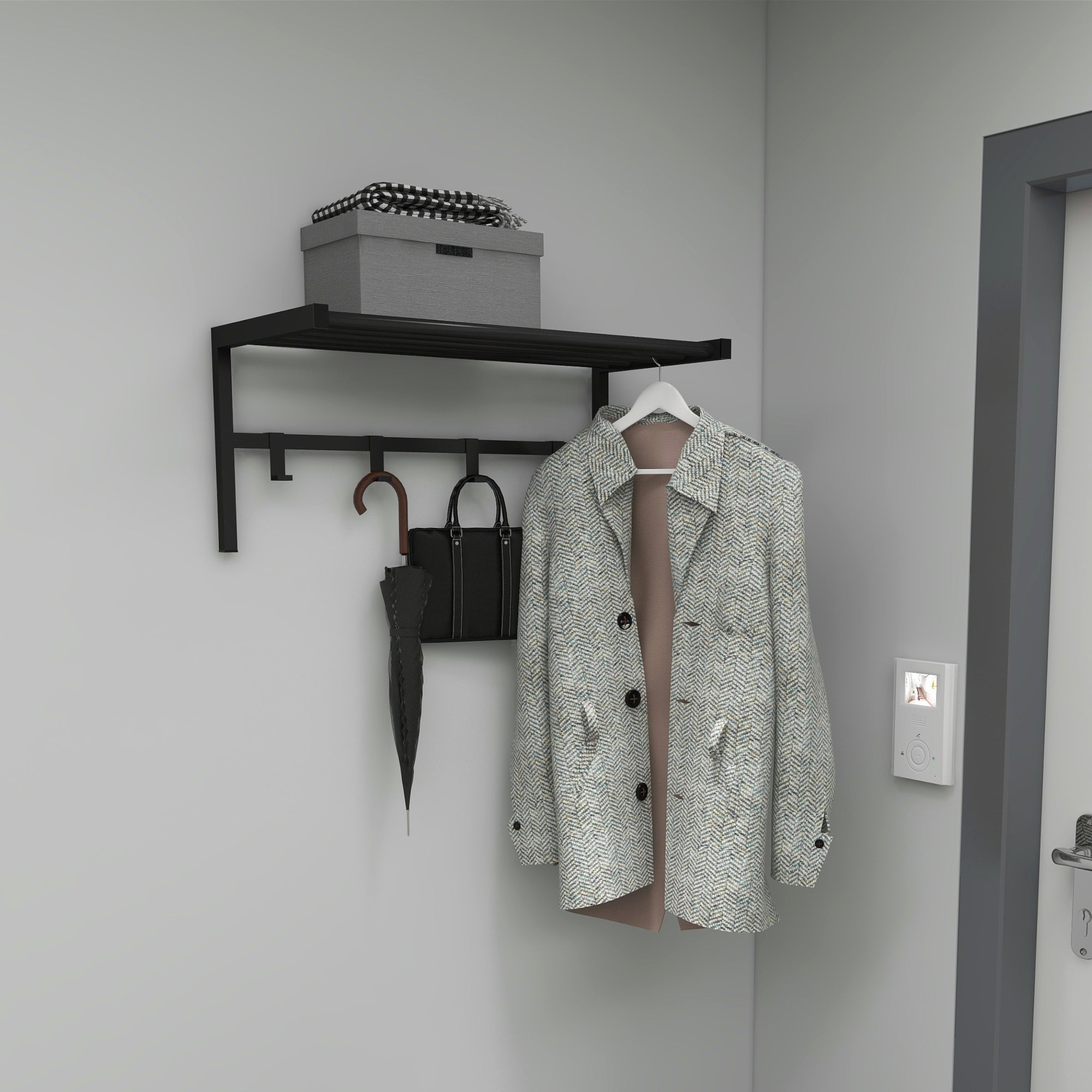 Appendiabiti a Parete 'Tolga' con Ripiano a Rete e 4 Ganci - Struttura in Metallo - Nero [en.casa]