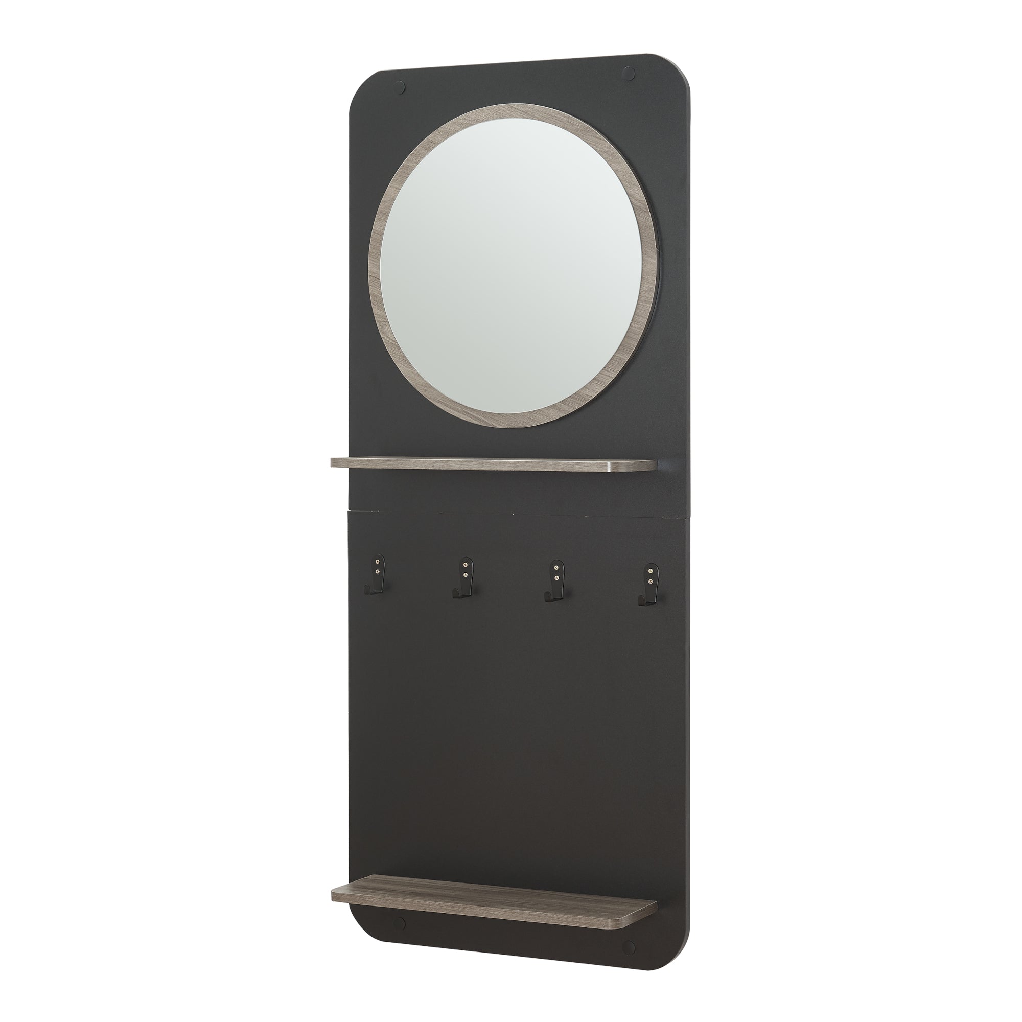 Pannello Ingresso Helsinge con Specchio Mensole e Ganci - Nero / Effetto Legno [en.casa]