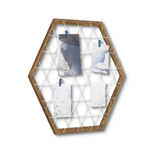 Griglia da Parete Bacheca Multifunzione con Cornice in Legno e Rete di Fili Appendi Foto Memoboard Esagonale Espositore