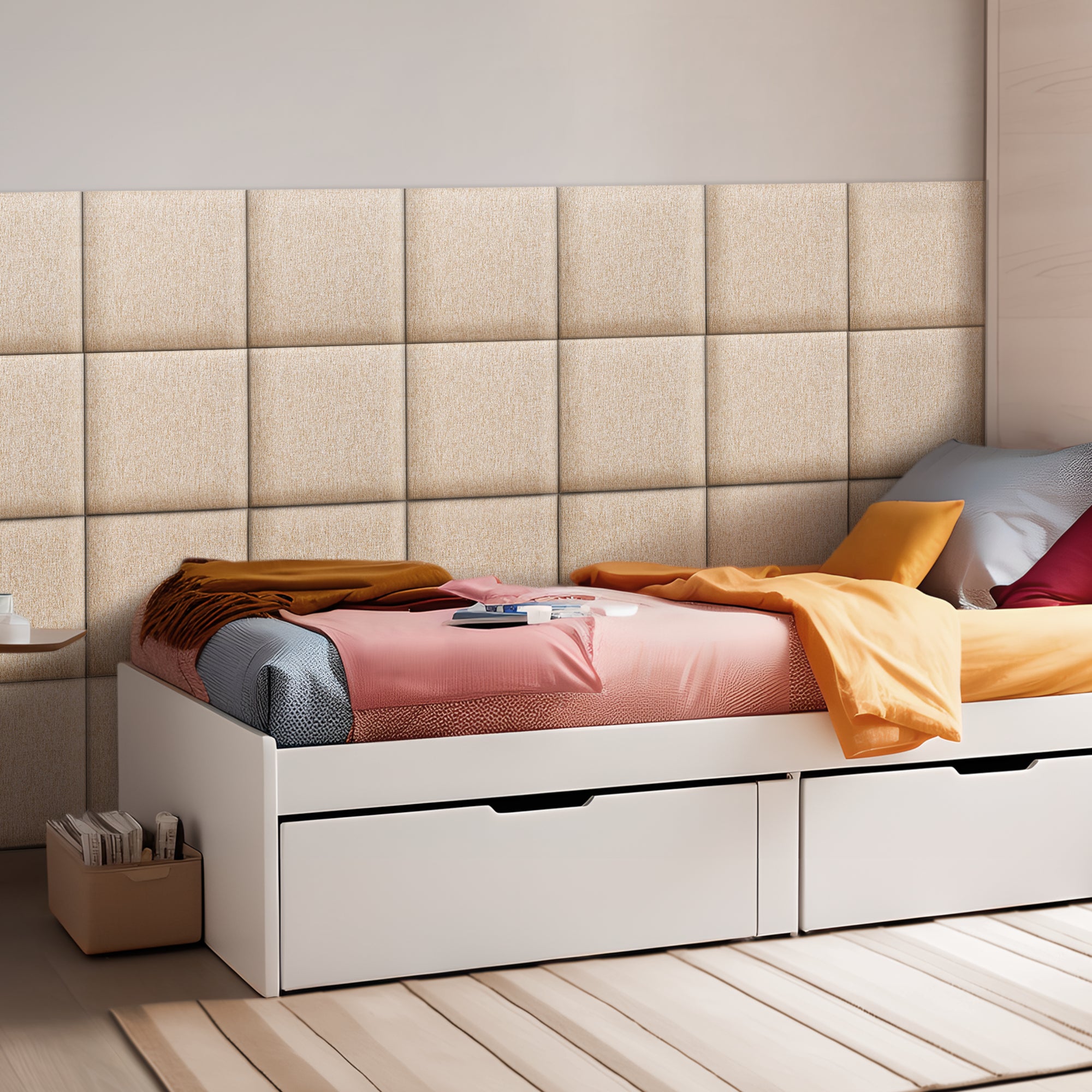 Set Carpino di 4 Pannelli Murali Imbottiti Rivestiti in Tessuto Beige 30x30 cm [neu.haus]