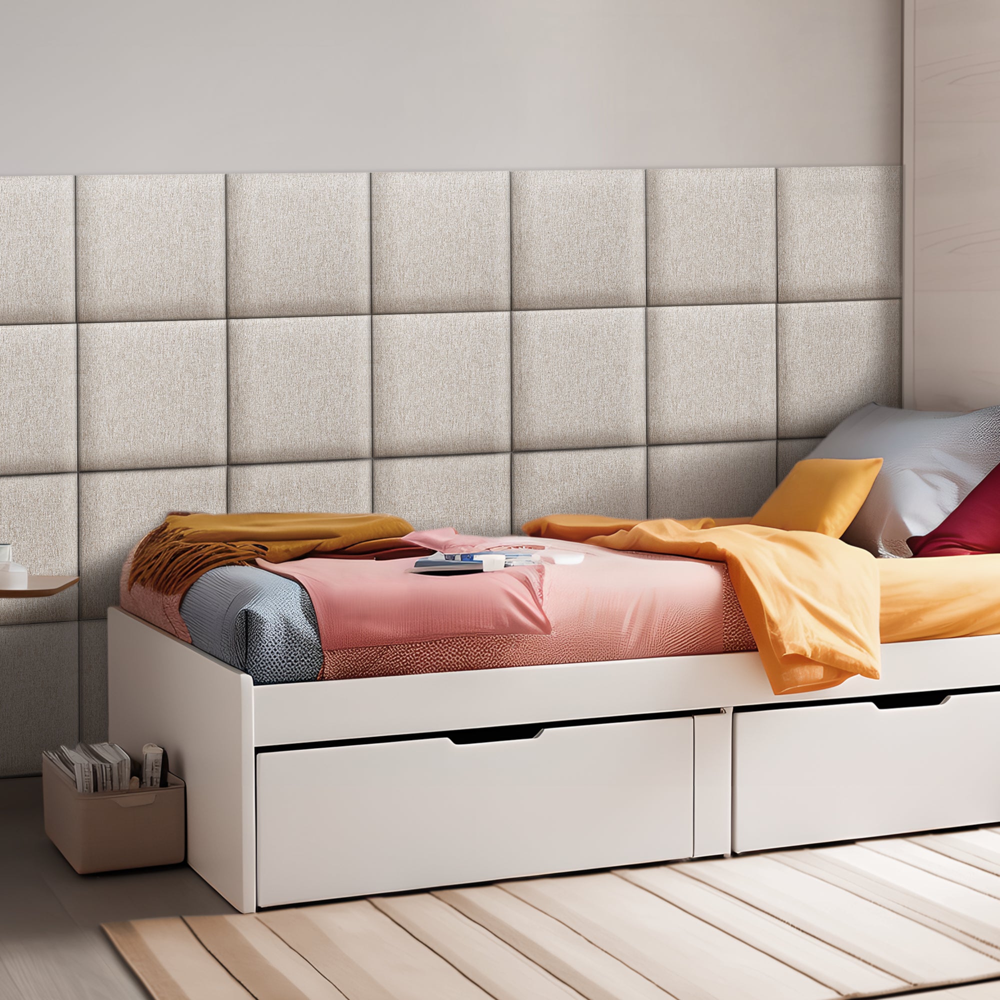 Set Carpino di 4 Pannelli Murali Imbottiti Rivestiti in Tessuto Grigio 30x30 cm [neu.haus]