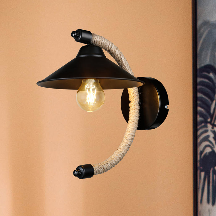 Lampada da Parete 'Cannock' con Paralume a Cono e Braccio ad Arco Applique Moderno - Nero / Naturale [lux.pro]