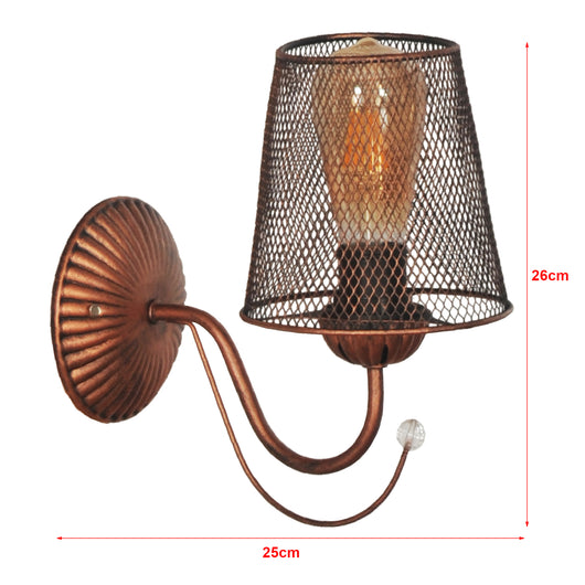 Lampada da Parete 'Finedon' a Braccio Curvo e Sfera di Cristallo Applique con Paralume Conico a Rete - color Rame-