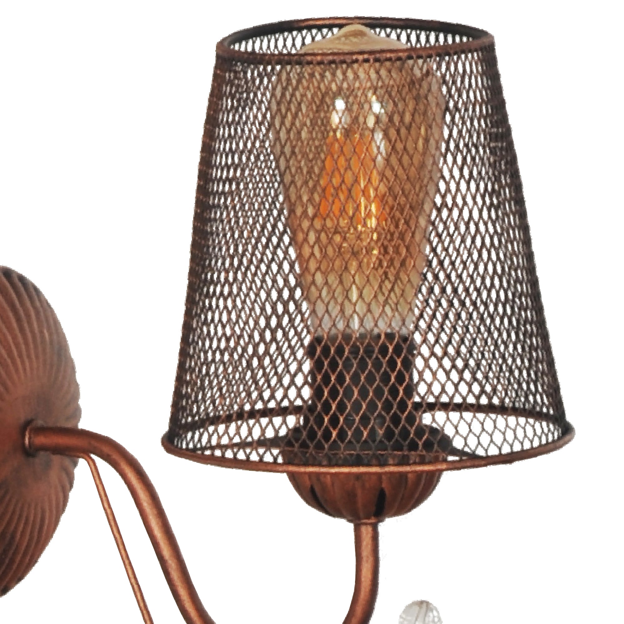 Lampada da Parete 'Finedon' a Braccio Curvo e Sfera di Cristallo Applique con Paralume Conico a Rete - color Rame-