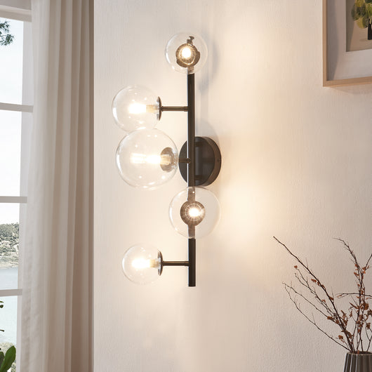 Lampada da Parete Makkor con 5 Paralumi Sferici in Vetro - Nero lux.pro