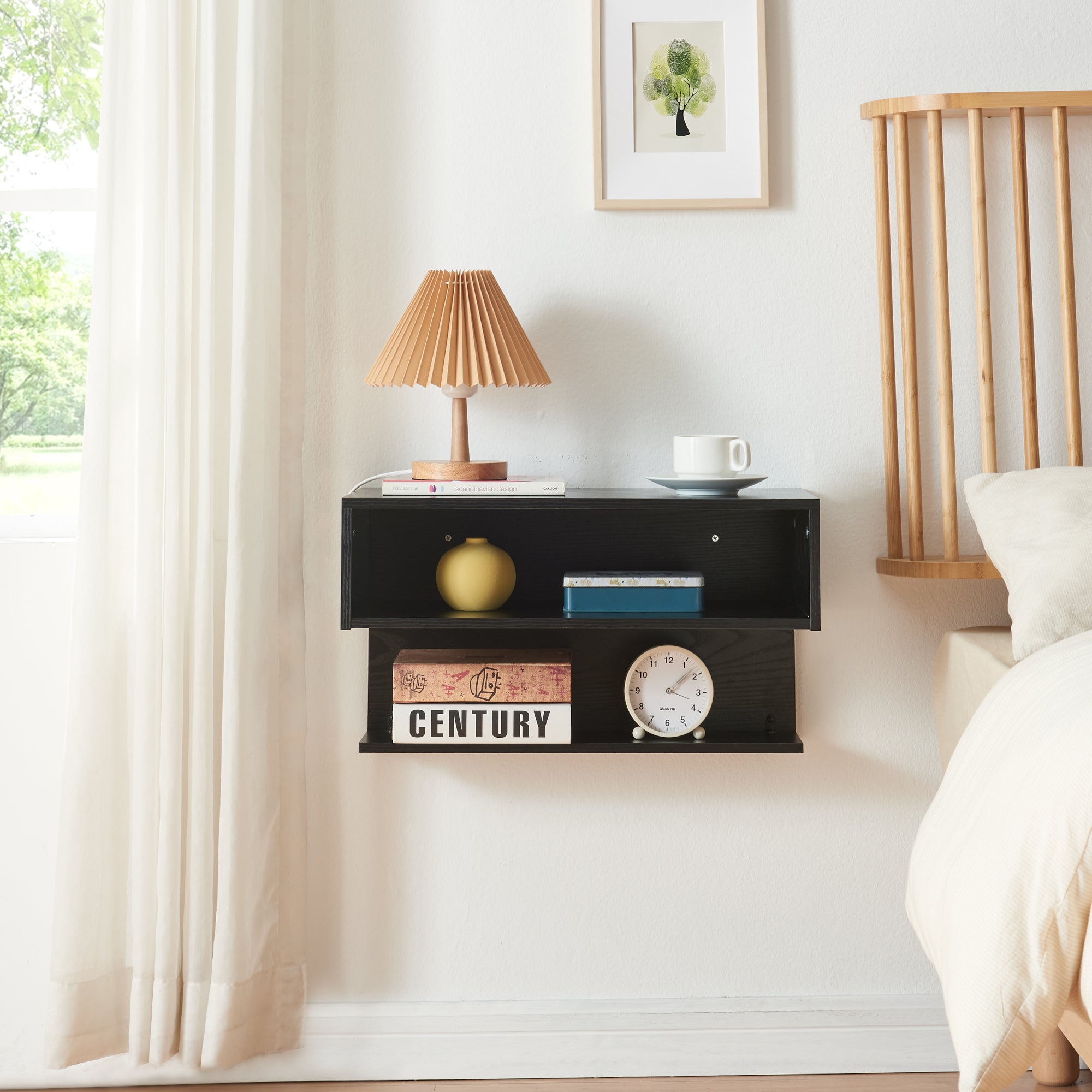 Comodino da Parete Gauldal con Scomparto Aperto e Ripiano - Nero Effetto Legno [en.casa]