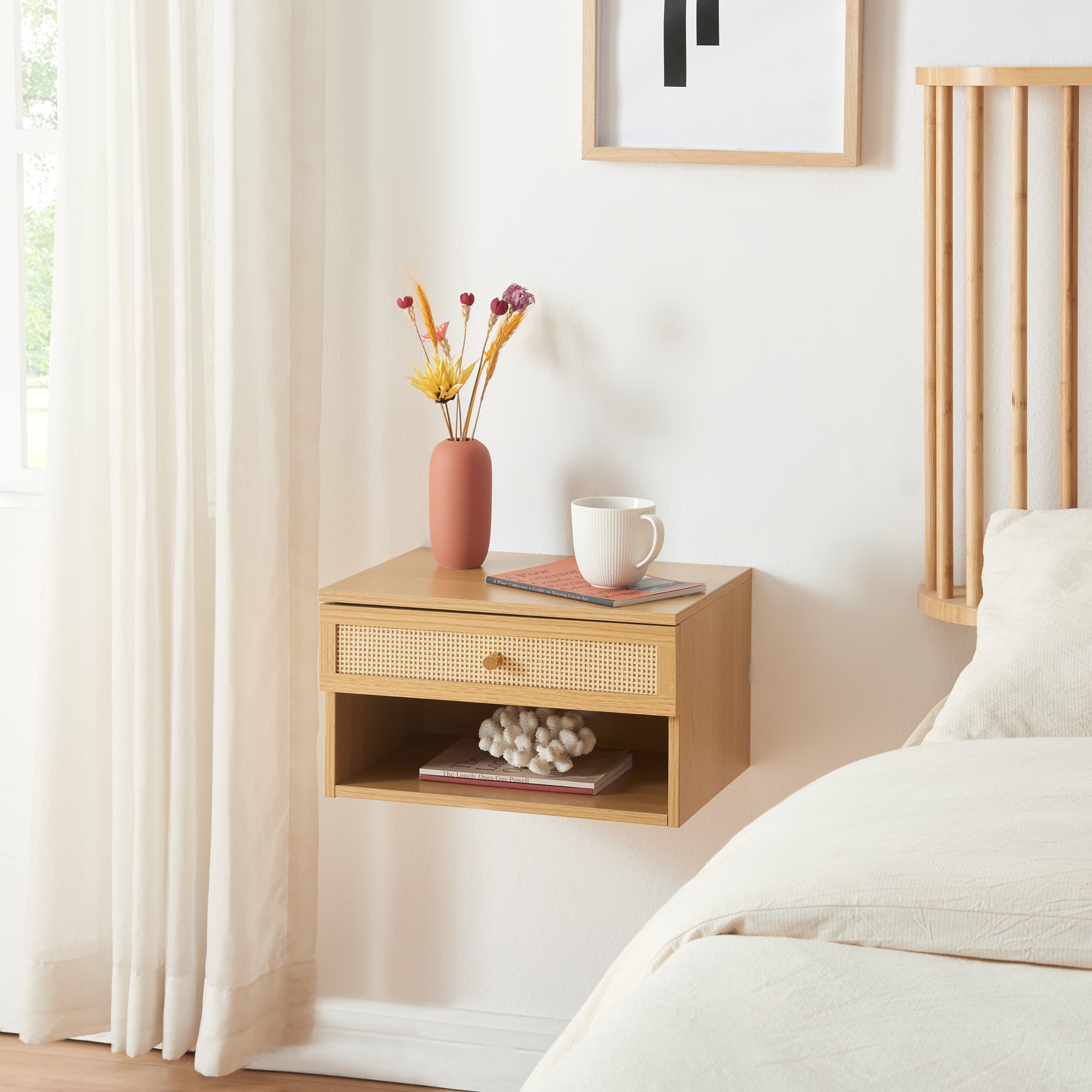 Comodino da Parete Eiker con Cassetto e Scomparto 40x32x23 cm Effetto Rovere [en.casa]