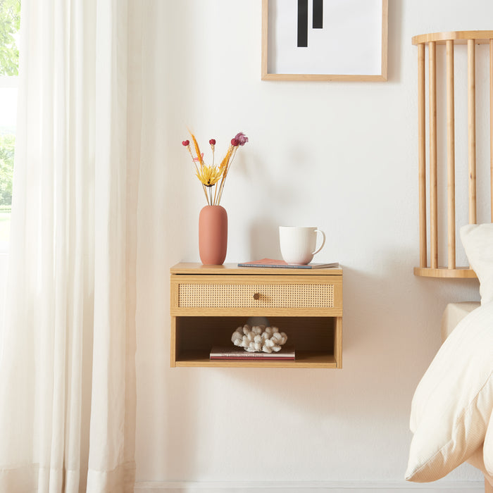 Comodino da Parete Eiker con Cassetto e Scomparto 40x32x23 cm Effetto Rovere [en.casa]