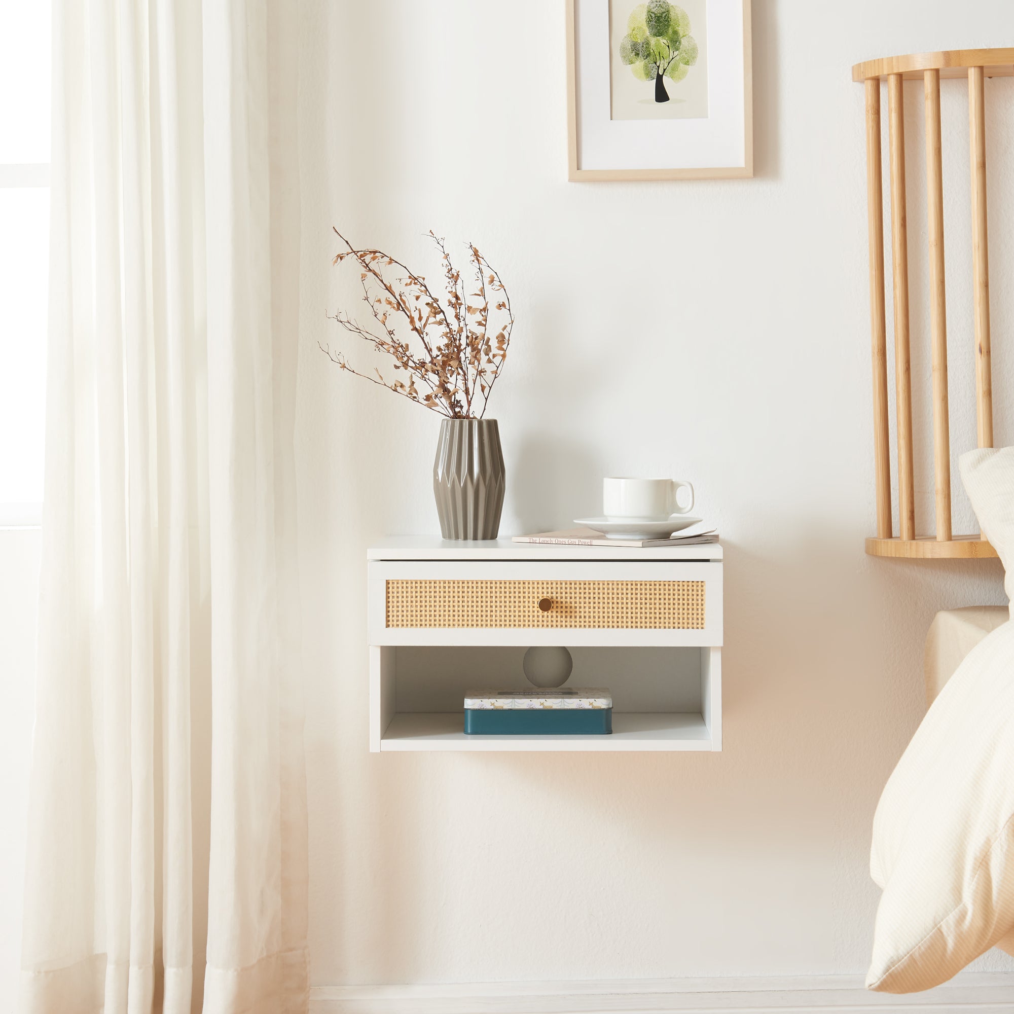 Comodino da Parete Eiker con Cassetto e Scomparto 40x32x23 cm Bianco [en.casa]