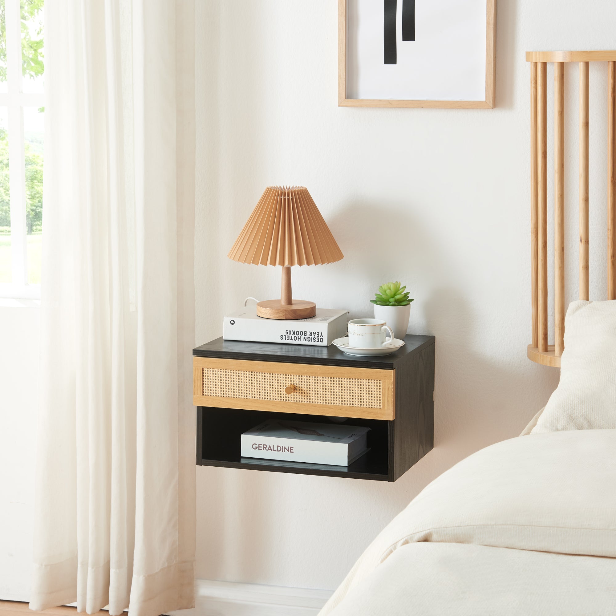 Comodino da Parete Eiker con Cassetto e Scomparto 40x32x23 cm Nero [en.casa]