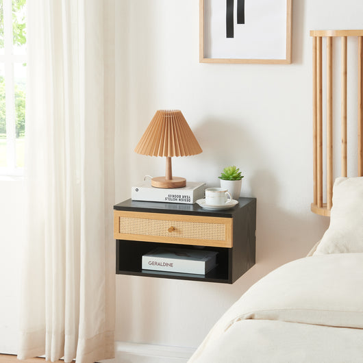 Comodino da Parete Eiker con Cassetto e Scomparto 40x32x23 cm Nero [en.casa]