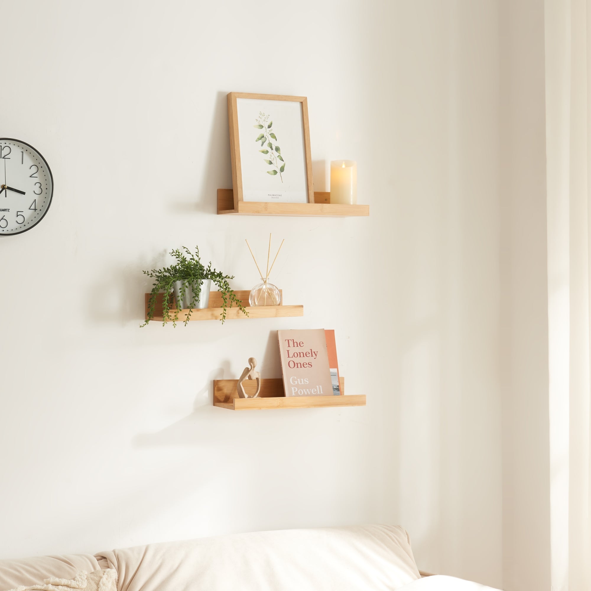 set Gildeskål di 3 Mensole da Muro Piani con Bordi Anticaduta - Bambù Naturale [en.casa]