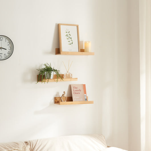 set Gildeskål di 3 Mensole da Muro Piani con Bordi Anticaduta - Bambù Naturale [en.casa]