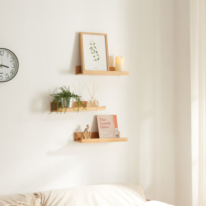 set Gildeskål di 3 Mensole da Muro Piani con Bordi Anticaduta - Bambù Naturale [en.casa]