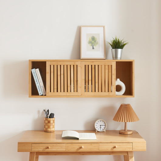 Armadietto da Parete Grums con 2 Ante Scorrevoli 92x20x33 cm Bambù Naturale [en.casa]