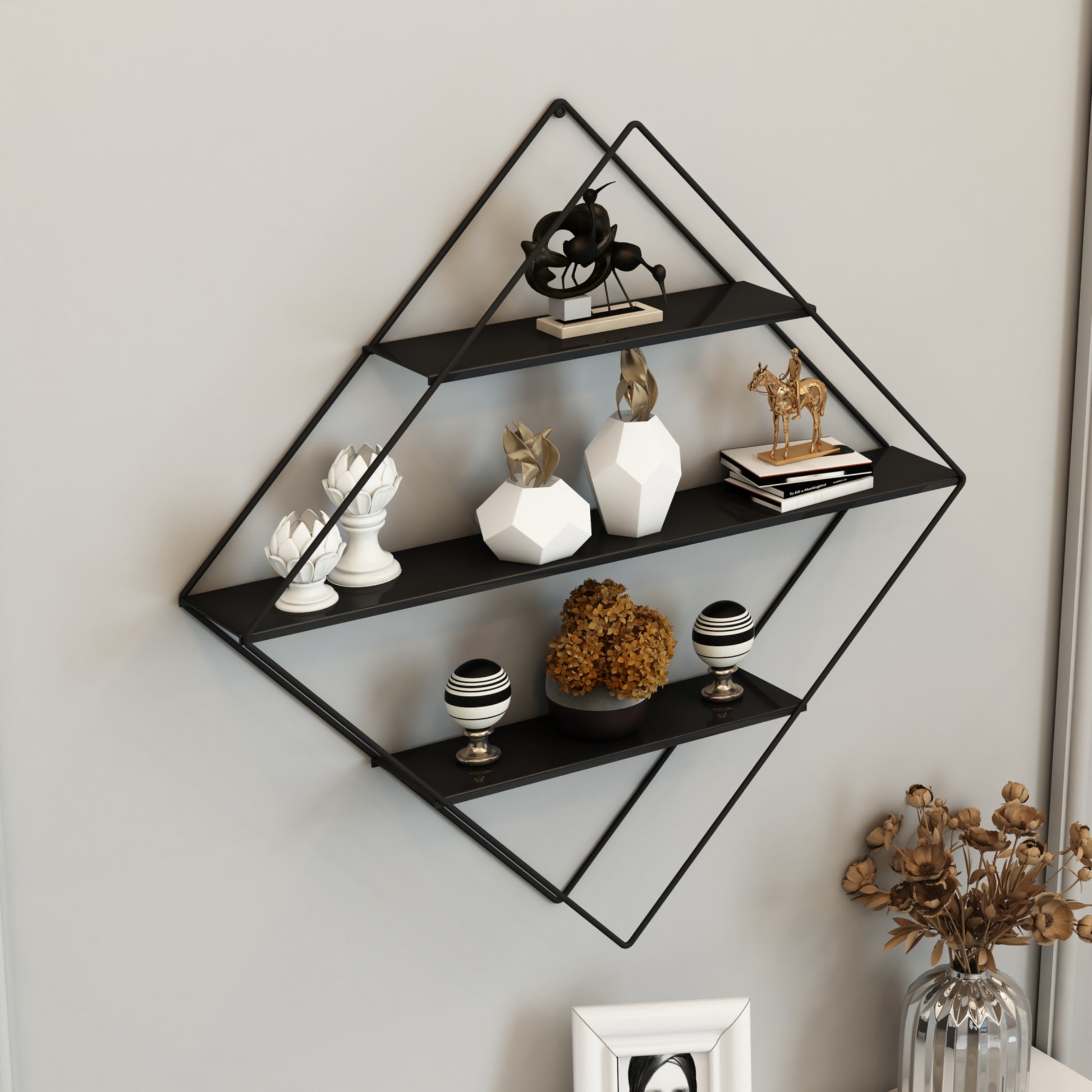 Scaffale Pensile a Forma di Rombo Consolle Romboidale a Muro con 3 Ripiani Mensola da Parete in Metallo 66 x 50 x 9  cm