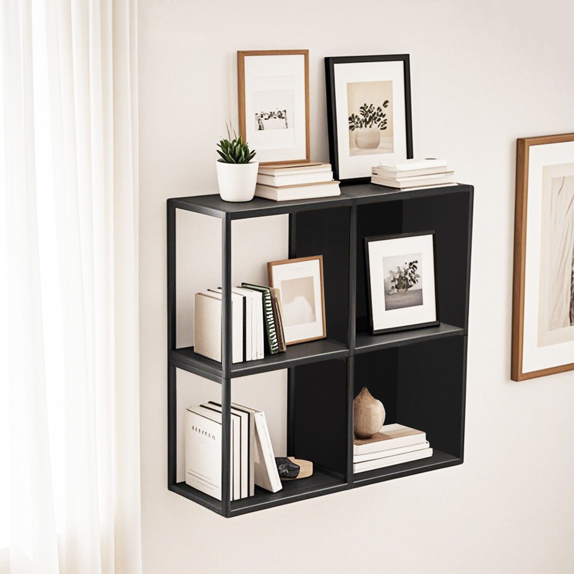 Set Nostened di 4 Mensole da Muro 28 x 28 x 20 cm con Pannello Posteriore e Laterale in Acciaio - Nero [en.casa]