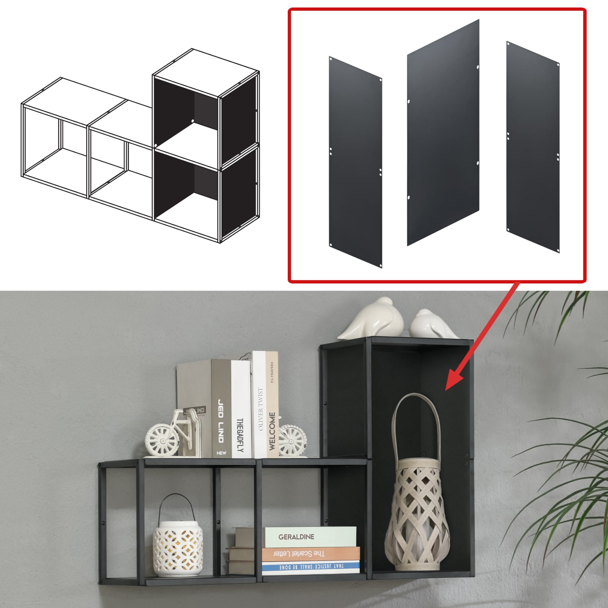 Set Nostened di 4 Mensole da Muro 28 x 28 x 20 cm con Pannello Posteriore e Laterale in Acciaio - Nero [en.casa]