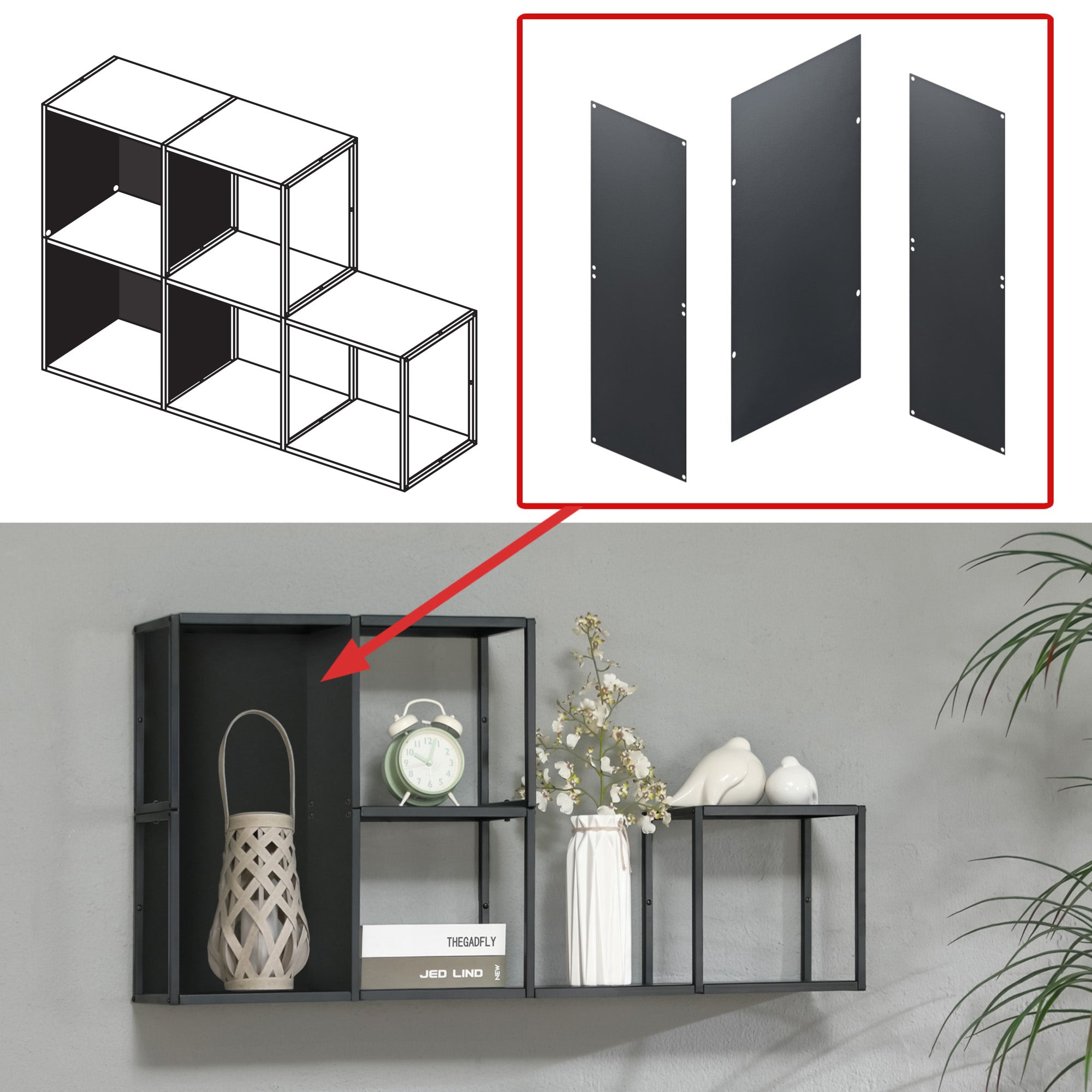 Set Nostened di 5 Mensole da Muro 28 x 28 x 20 cm con Pannello Posteriore e Laterale in Acciaio - Nero [en.casa]