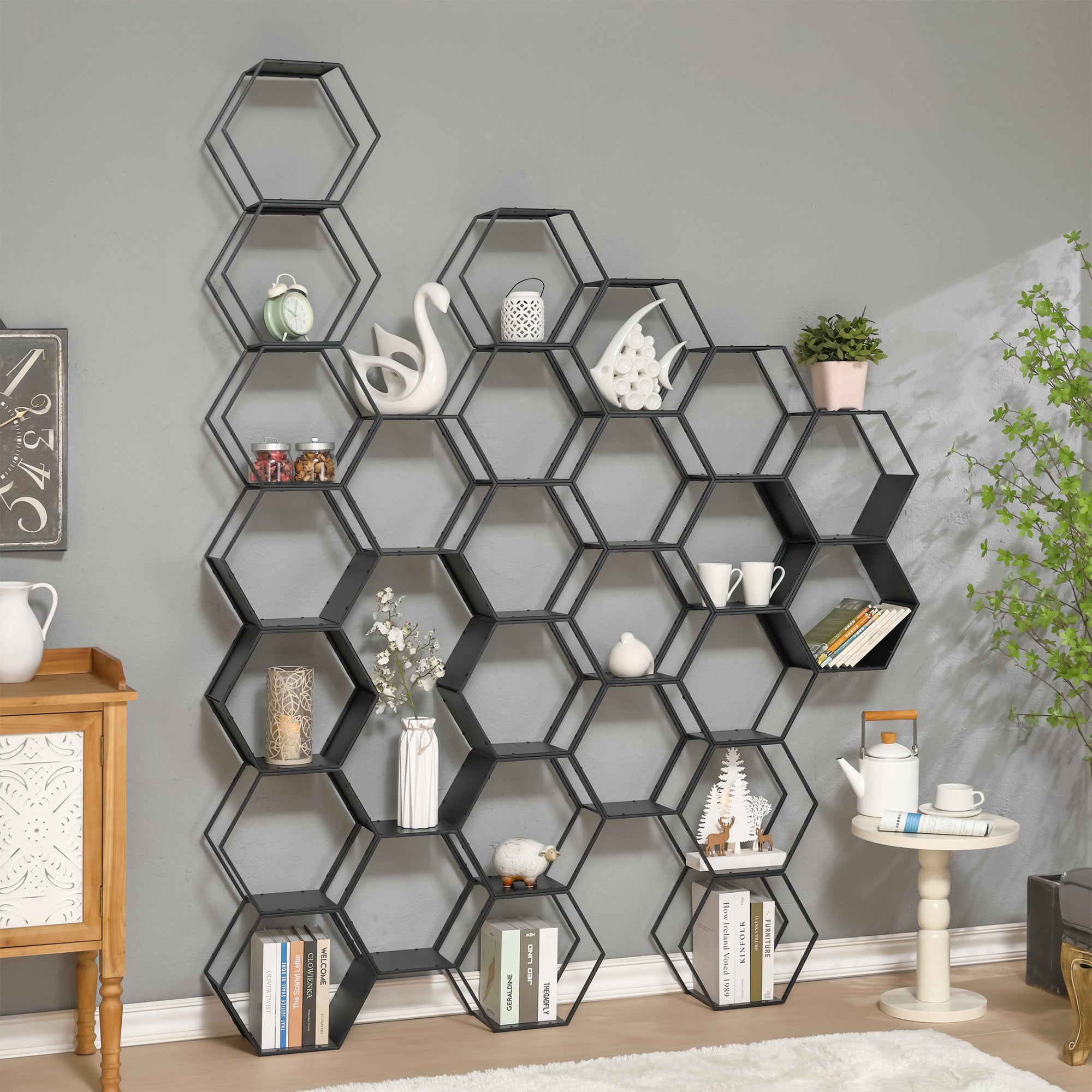 Set Tand 4 Scaffali Esagonali Mensole in Acciaio Scaffali Modulari da Muro o Terra - Nero [en.casa]