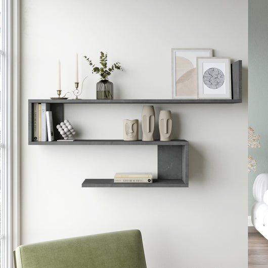 Mensola da Parete Kitee con 3 Ripiani Libreria Pensile a S - Effetto Cemento [en.casa]