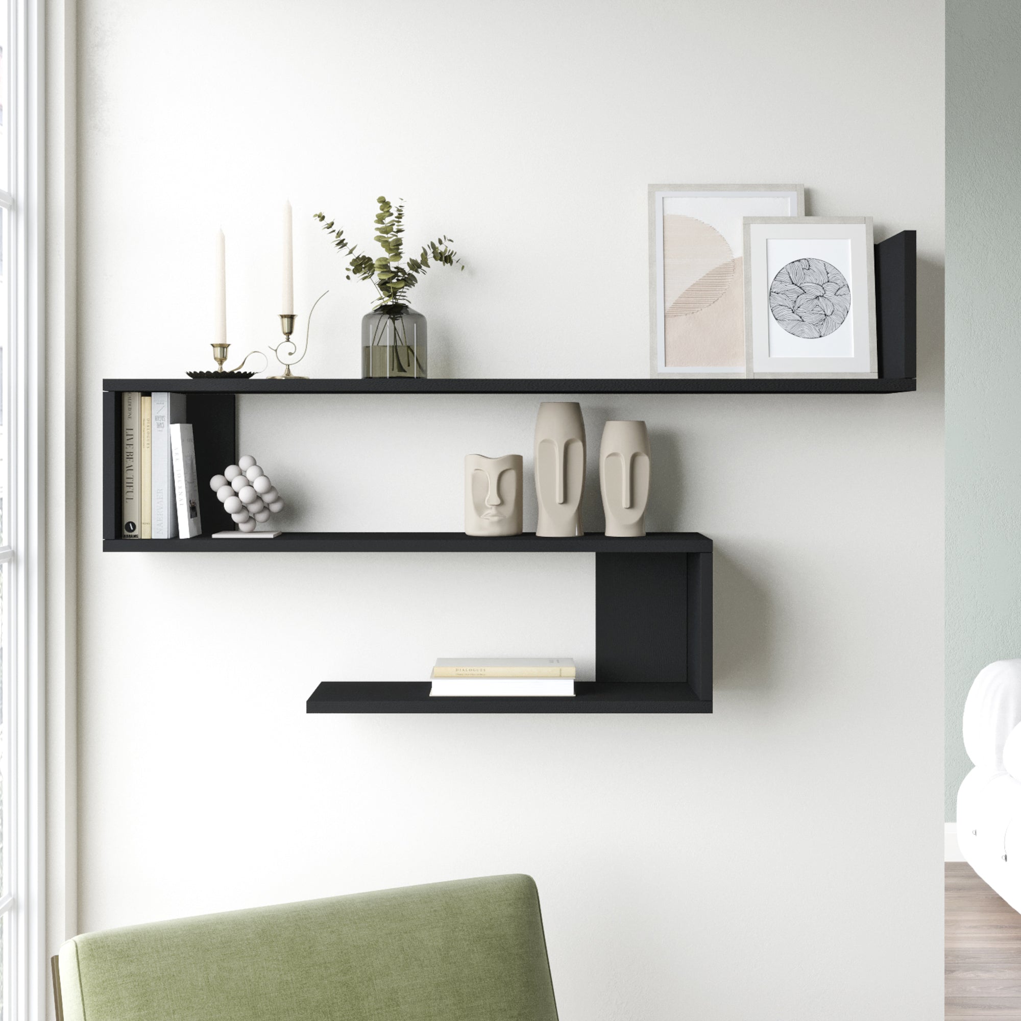 Mensola da Parete Kitee con 3 Ripiani Libreria Pensile a S - Nero [en.casa]