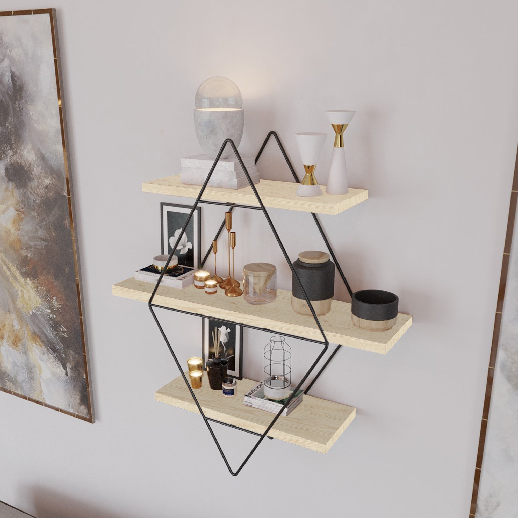 Scaffale da Parete Heinävesi Romboidale - Nero / Legno Naturale [en.casa]