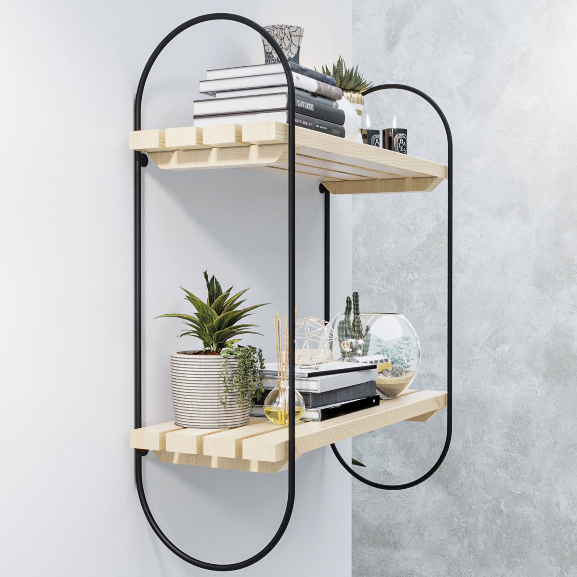 Scaffale da Parete Oulu a 2 Ripiani a Doghe in Legno di Pino [en.casa]