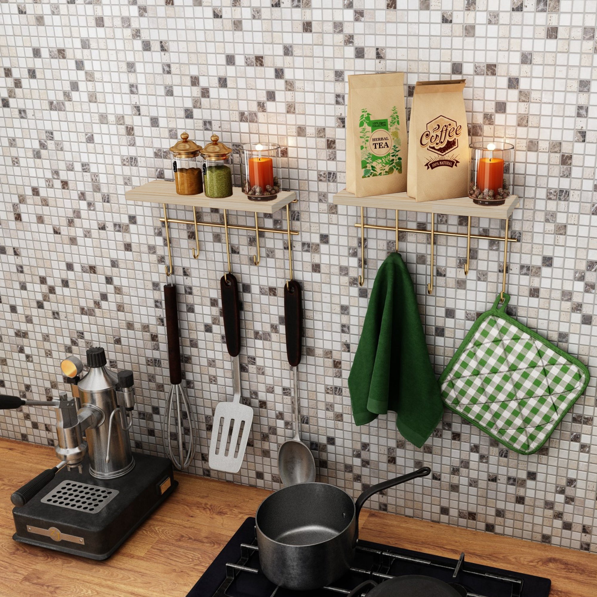 Mensola Parikkala con Ganci Portachiavi da Parete - Legno / color Oro [en.casa]