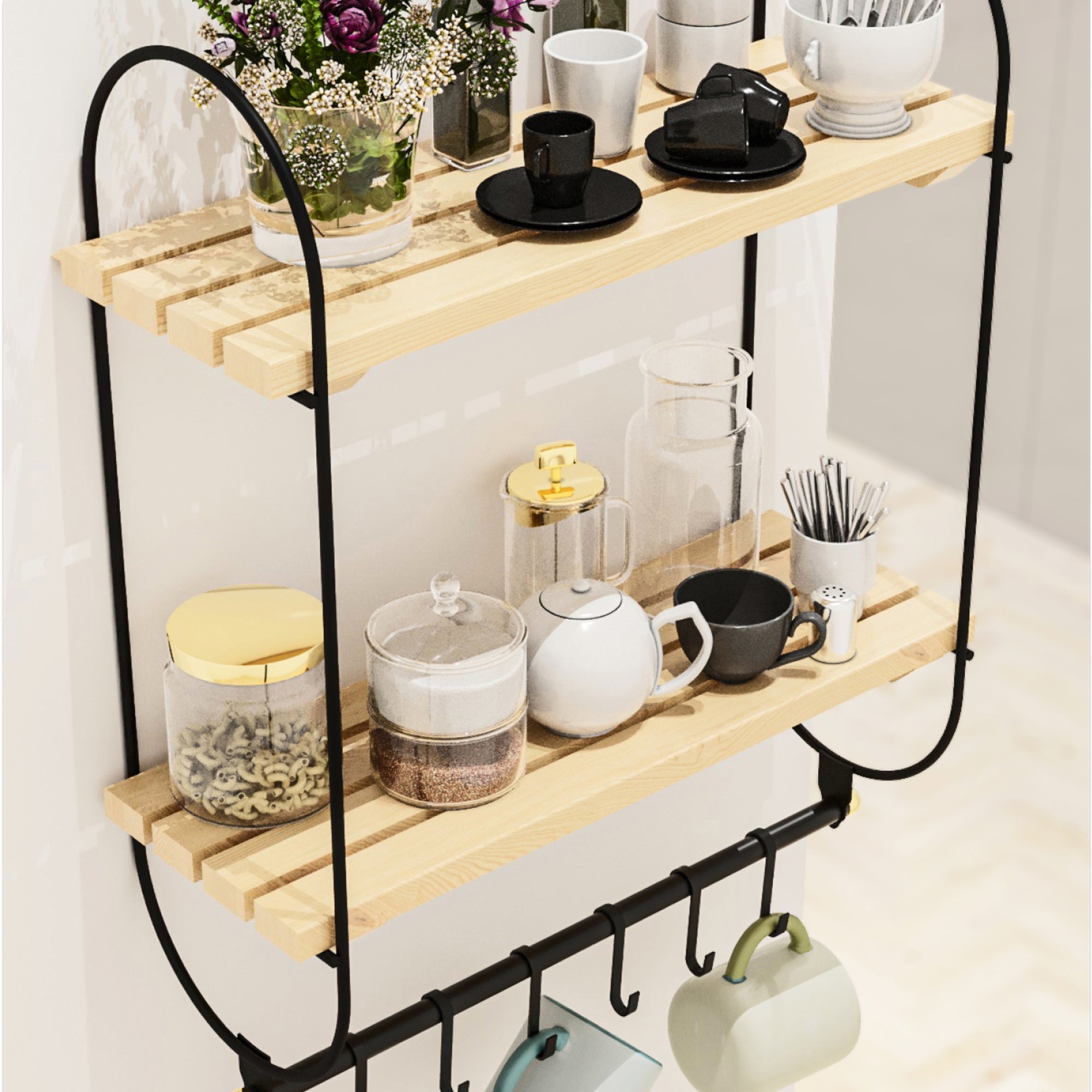 Scaffale da Parete Pielavesi a 2 Ripiani in Legno Portaoggetti per Cucina Bagno [en.casa]