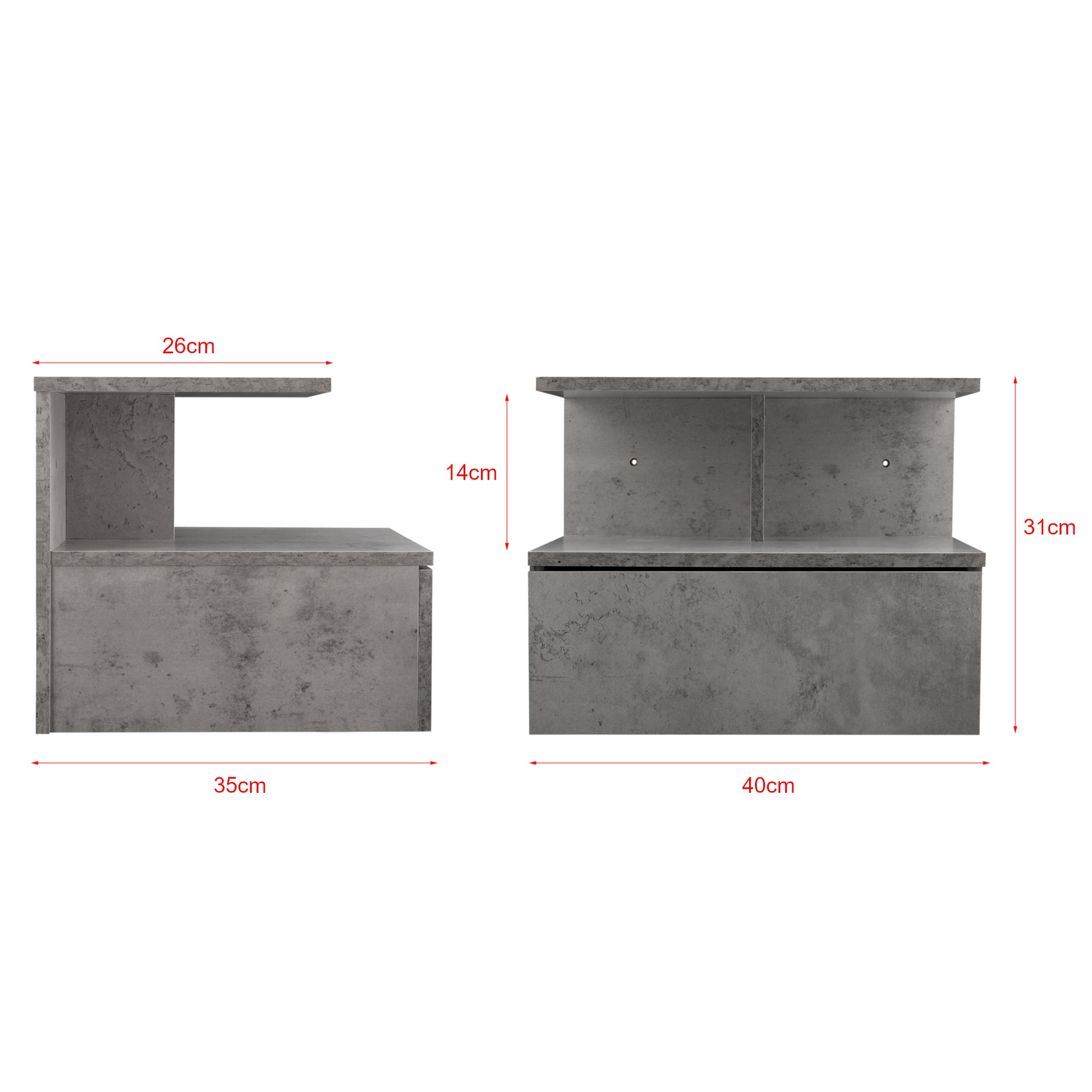 Comodino da Parete Amberg con Cassetto e Ripiani 40x35x31 cm - Effetto Cemento [en.casa]