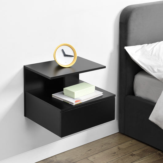 Comodino da Parete Amberg con Cassetto e Ripiani 40x35x31 cm - Nero [en.casa]