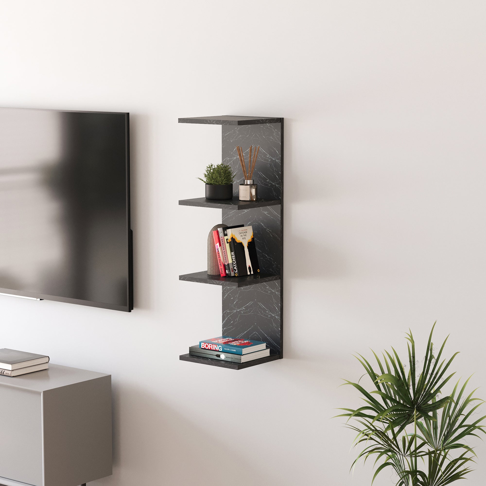 Mensola da Parete Surahammar Libreria Scaffale a Muro con 4 Ripiani - Effetto Marmo Nero [en.casa]