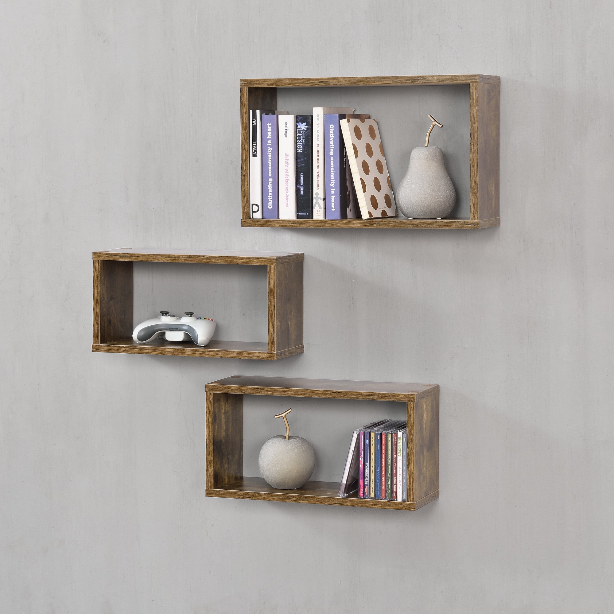 Set di 3 Mensole da Parete a Forma Rettangolare in Misure Diverse 3 Scaffali da Muro con 2 Ripiani Portaoggetti -