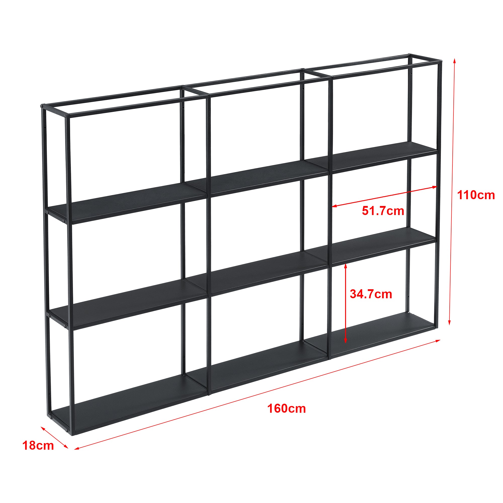 Scaffale da Parete Jelsa in Ferro Libreria Sospesa con 9 Scomparti 160x18x110 cm Nero [en.casa]