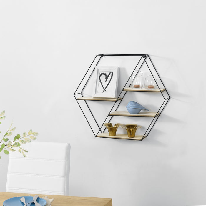 Mensola da Parete Esagonale in Metallo con 4 Ripiani Portaoggetti in Legno [en.casa]