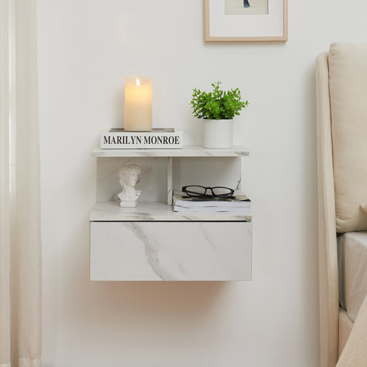 Comodino da Parete Amberg con Cassetto e Ripiani 40x35x31 cm - Effetto Marmo Bianco [en.casa]