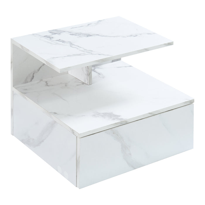 Comodino da Parete Amberg con Cassetto e Ripiani 40x35x31 cm - Effetto Marmo Bianco [en.casa]
