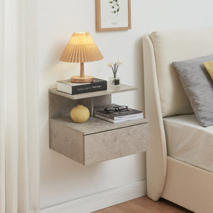 Comodino da Parete Amberg con Cassetto e Ripiani 40x35x31 cm - Effetto Cemento Chiaro [en.casa]