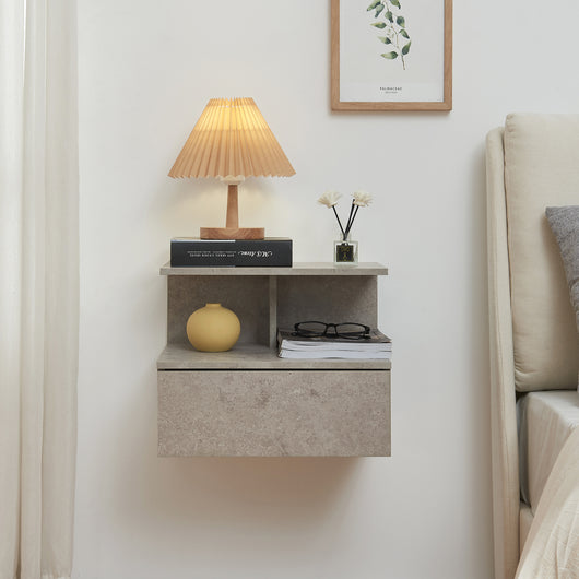 Comodino da Parete Amberg con Cassetto e Ripiani 40x35x31 cm - Effetto Cemento Chiaro [en.casa]