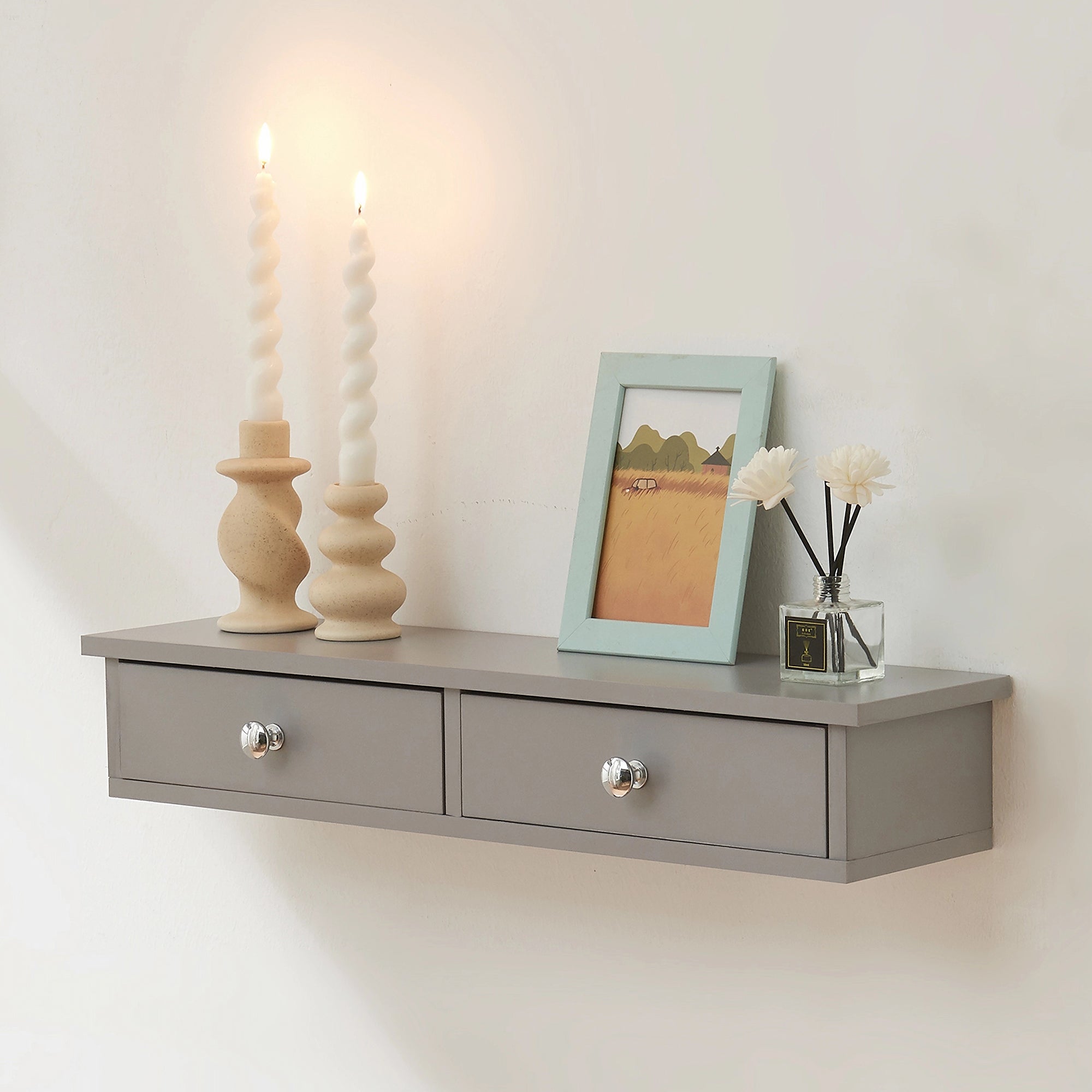 Mensola da Parete Geeste Comodino Sospeso con 2 Cassetti 60 x 15 x 10 cm - Grigio Chiaro [en.casa]