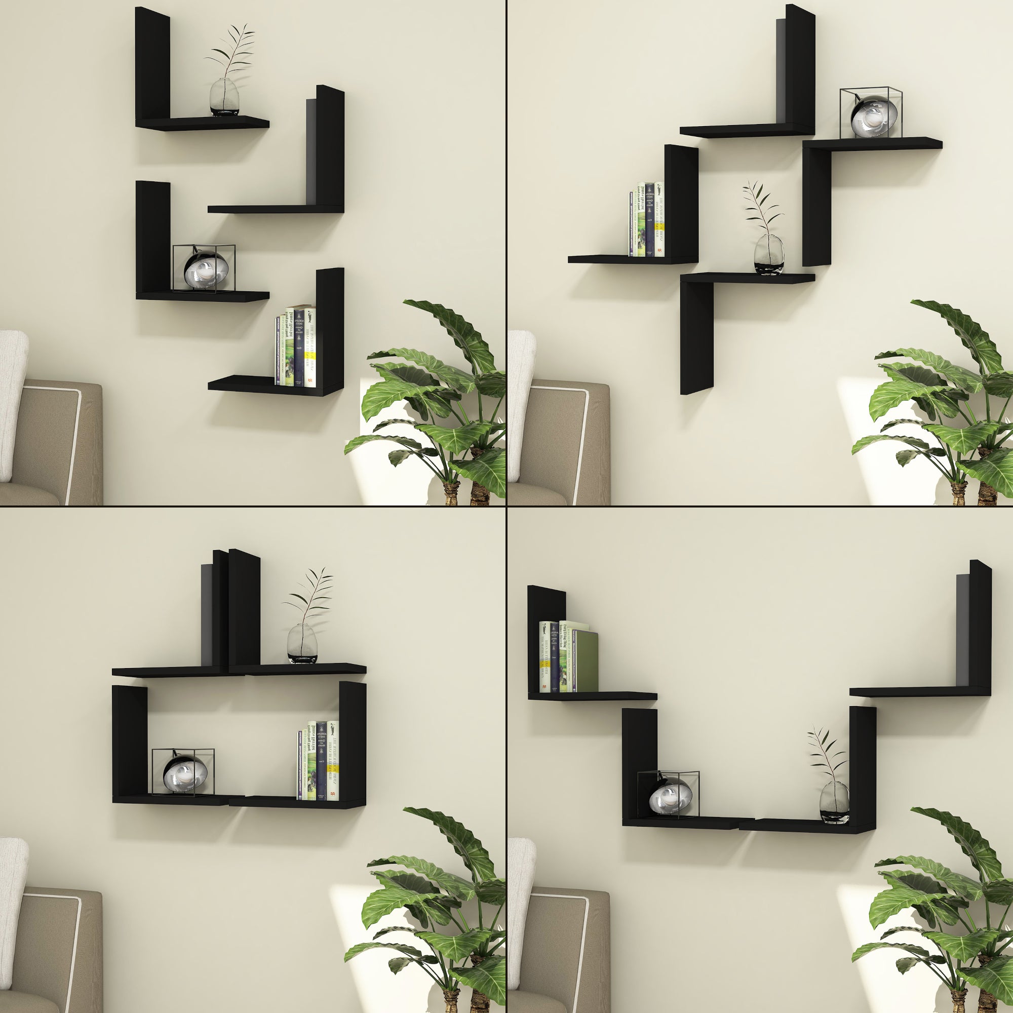 Set di 4 Mensole da Muro 'Broby' a Forma di L Consolle Portapiante da Parete - Nero [en.casa]