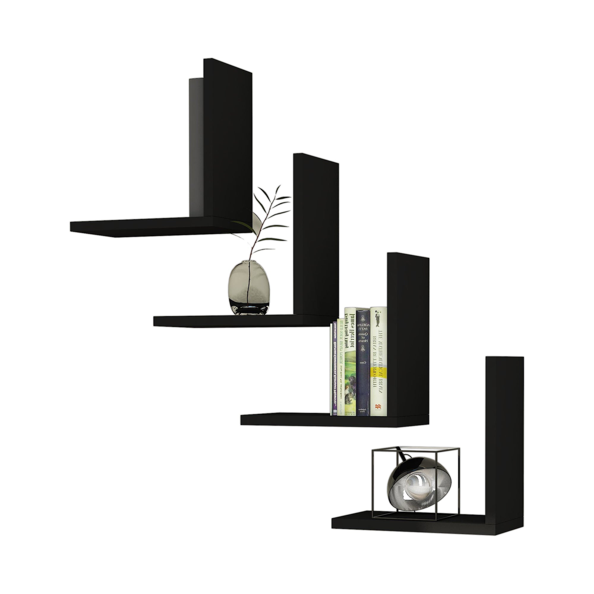 Set di 4 Mensole da Muro 'Broby' a Forma di L Consolle Portapiante da Parete - Nero [en.casa]