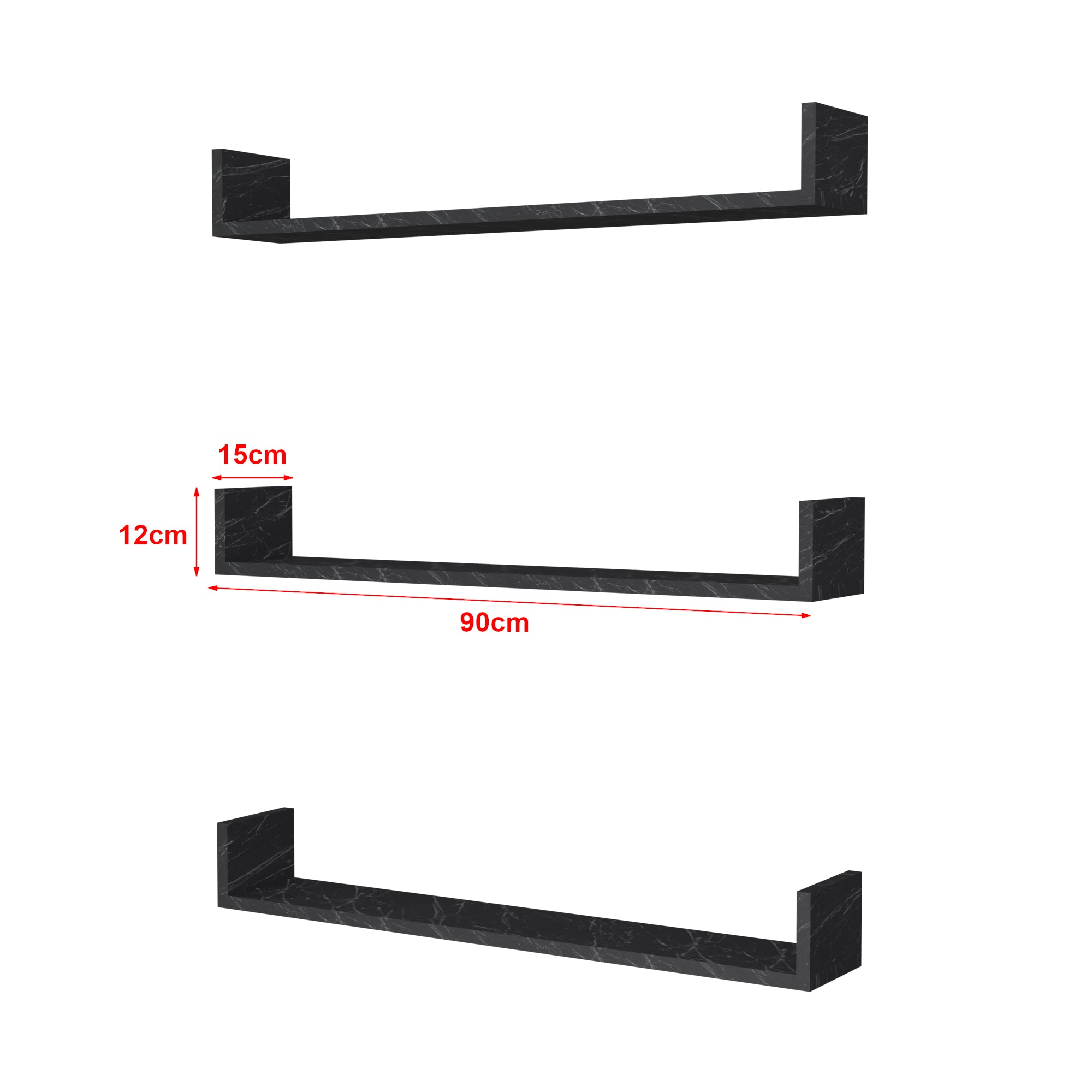 Set 'Höganäs' 3 Mensole da Muro - Consolli Pensili con Piano d'Appoggio a Forma di U - Largo 90 cm - Effetto Marmo Nero