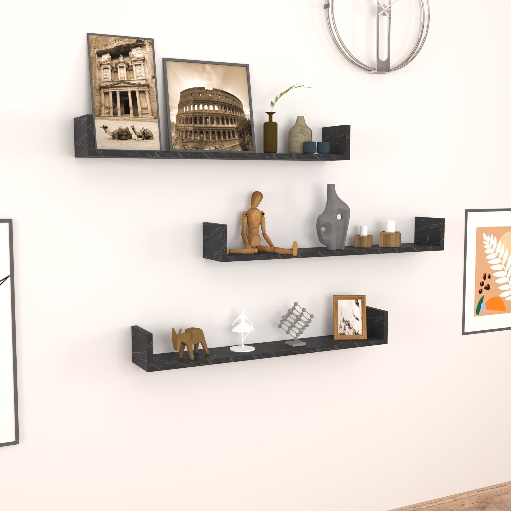 Set 'Höganäs' 3 Mensole da Muro - Consolli Pensili con Piano d'Appoggio a Forma di U - Largo 90 cm - Effetto Marmo Nero