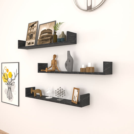 Set 'Höganäs' 3 Mensole da Muro - Consolli Pensili con Piano d'Appoggio a Forma di U - Largo 90 cm - Effetto Marmo Nero