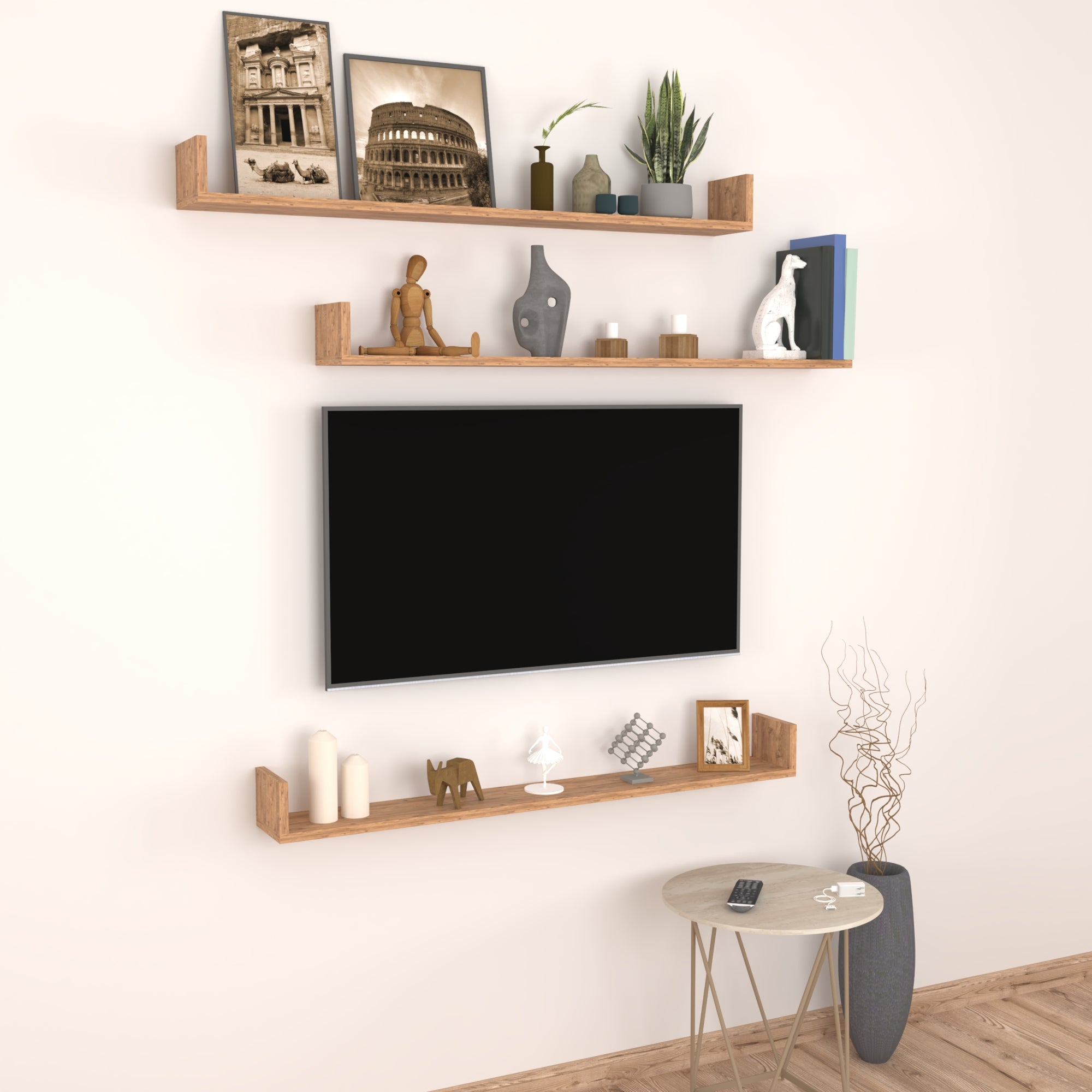 Set 'Höganäs' 3 Mensole da Muro - Consolli Pensili con Piano d'Appoggio a Forma di U - Largo 120 cm - Effetto Rovere