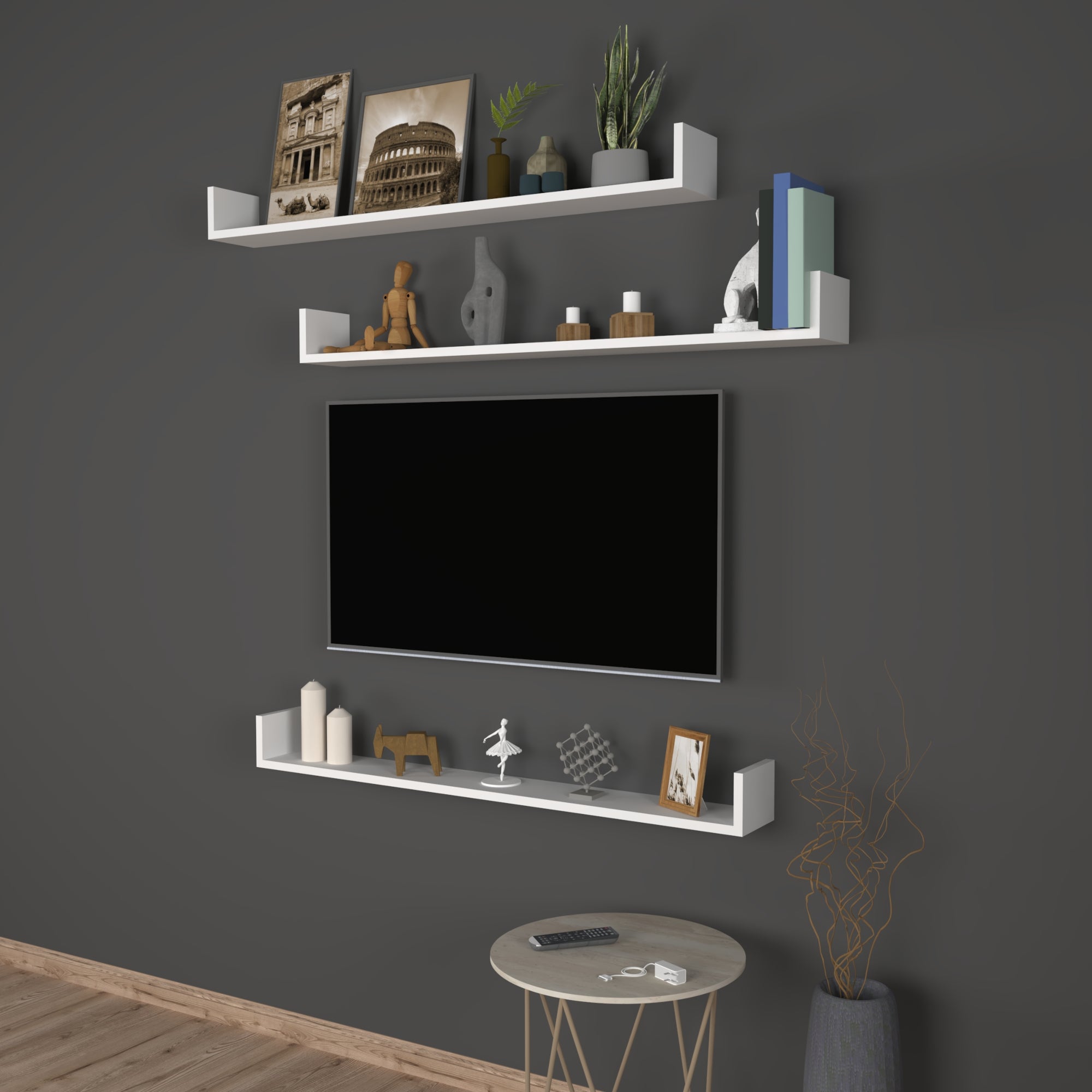 Set 'Höganäs' 3 Mensole da Muro - Consolli Pensili con Piano d'Appoggio a Forma di U - Largo 120 cm - Bianco [en.casa]