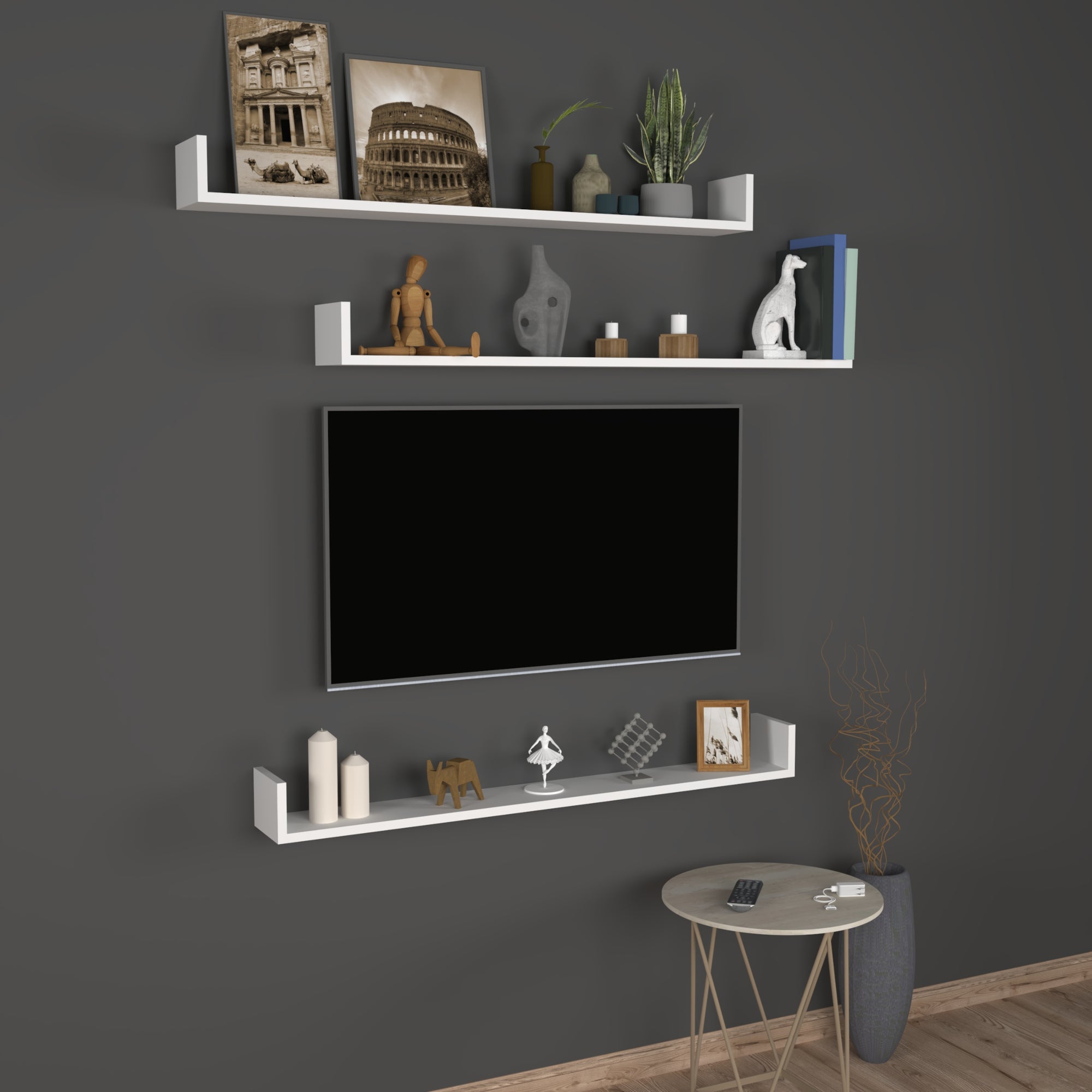 Set 'Höganäs' 3 Mensole da Muro - Consolli Pensili con Piano d'Appoggio a Forma di U - Largo 120 cm - Bianco [en.casa]